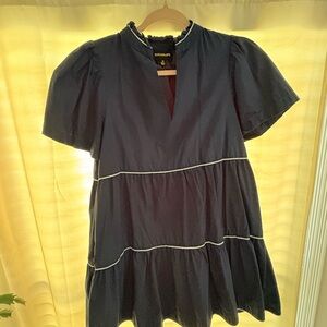 Sugarlips Navy Blue Tiered Short Sleeve Dress with White Piping